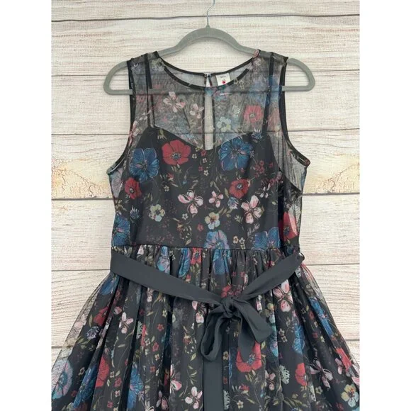 Disney Lauren Conrad Floral Semi Sheer Lined‎ Dress Women's 10 Black/Blue/Red - Picture 3 of 13